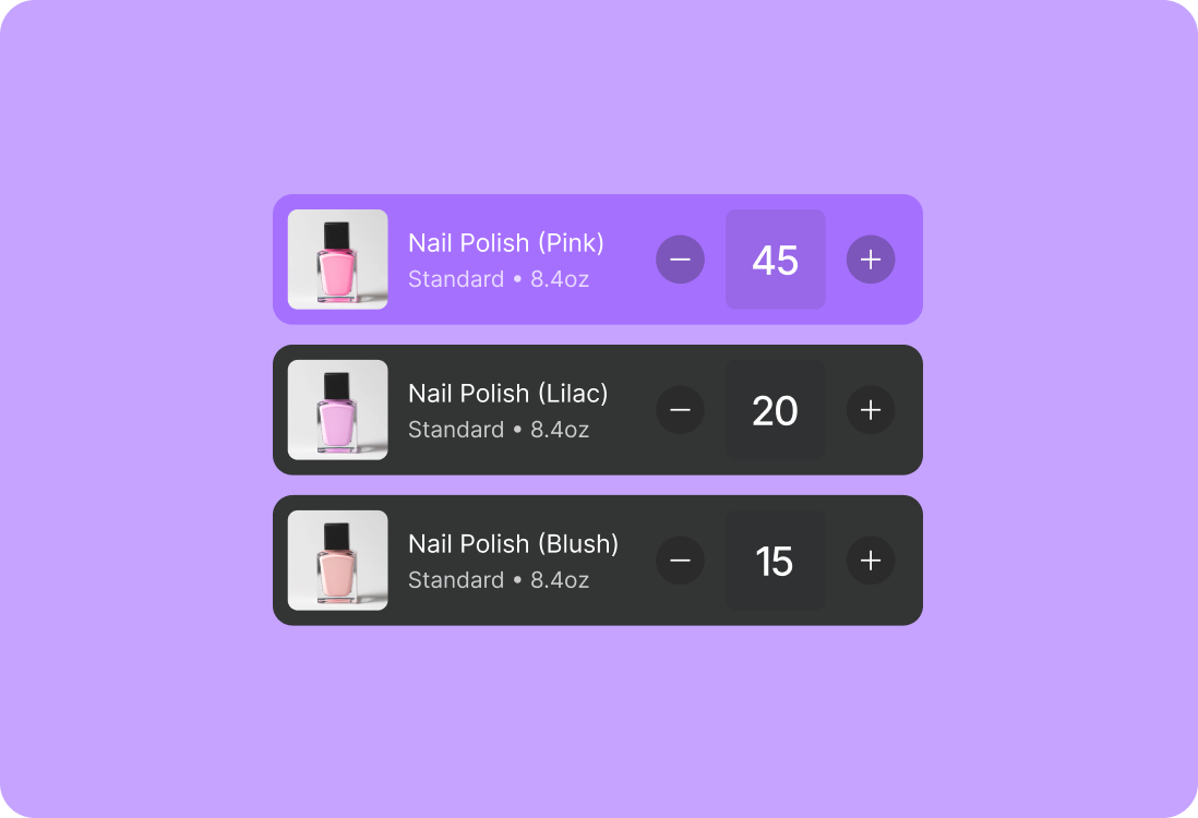 A screenshot of GlossGenius's inventory interface displaying nail polish with quantities for pink, lilac, and blush shades.