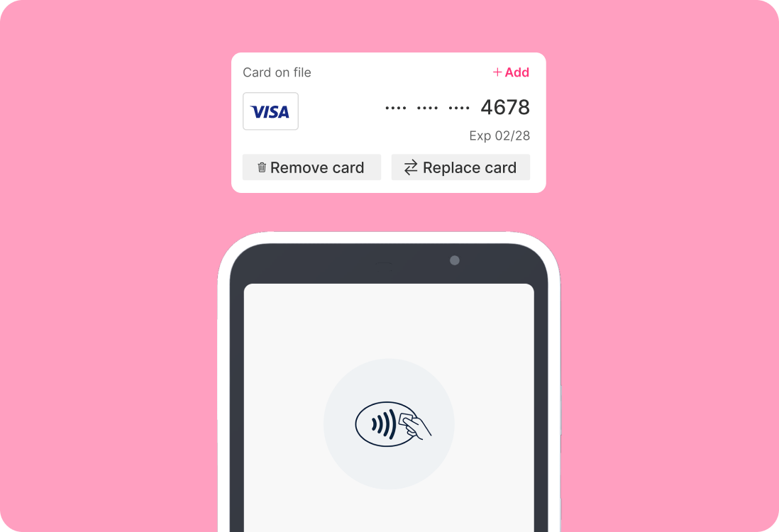 A screenshot of GlossGenius's mobile payment setup with a Visa card on file and a phone with the contactless payment icon.