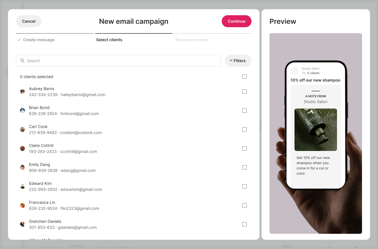 A screenshot of GlossGenius' Marketing tools