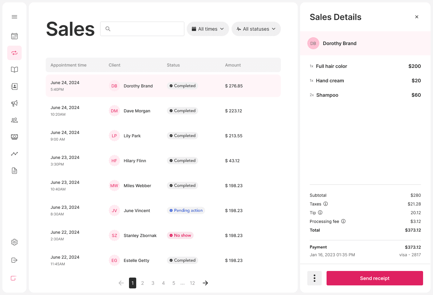A screenshot of GlossGenius' platform with sales details